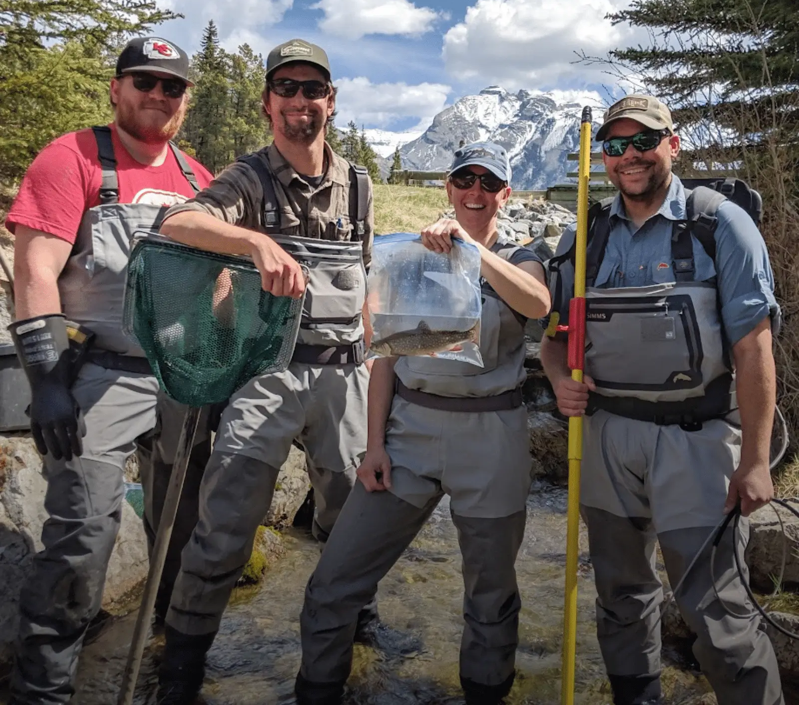 Four people wearing chest waders pose in a rocky stream with mountains in the background; one holds a green mesh net, another a bag of fish, and the others carry gear and a yellow querying pole or rod.