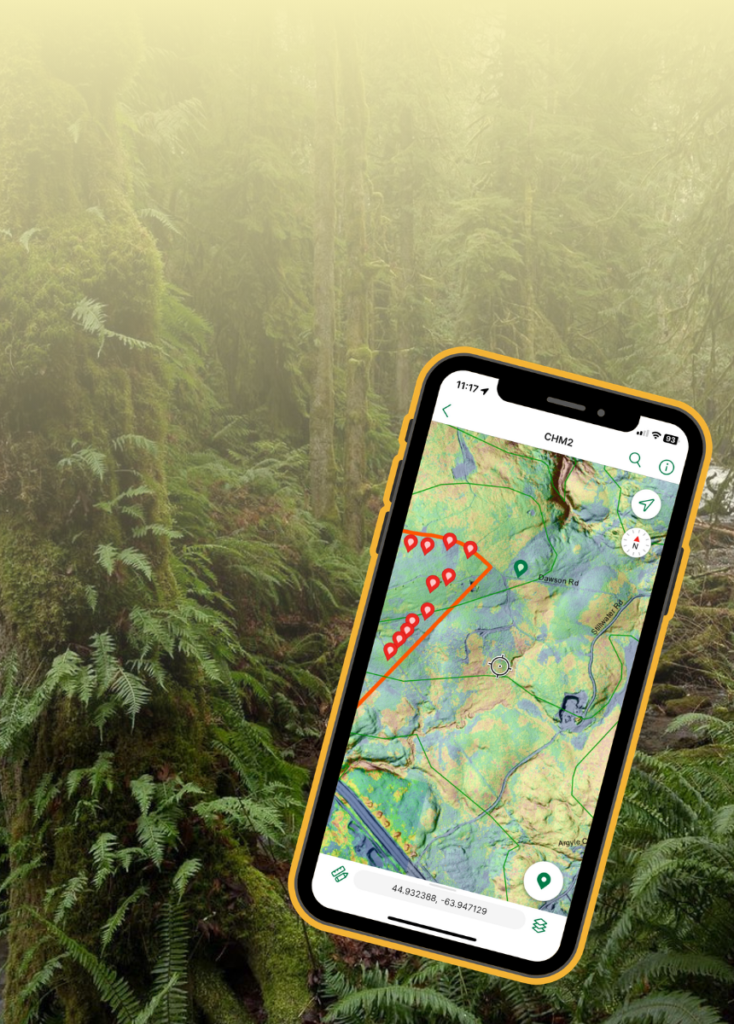 Smartphone angled in a lush forest showing a map app with a red route and multiple markers.