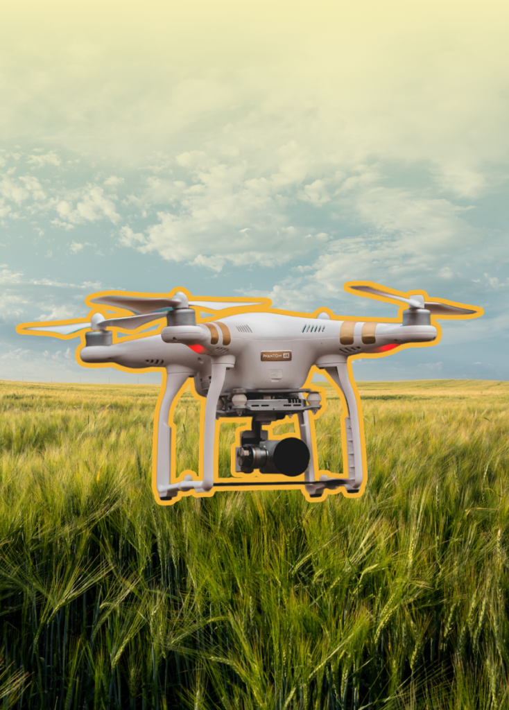 Quadcopter drone with a mounted camera hovering above tall grass in a sunny field, outlined in orange for emphasis.