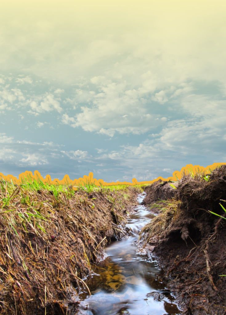 Drainage ditch with muddy banks and green grass, a narrow stream running toward the horizon under a cloudy blue sky.